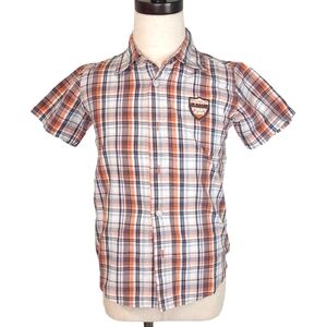 Wrangler Boy 5T Orange Blue Motocross Plaid Button Down Short Sleeve Shirt
